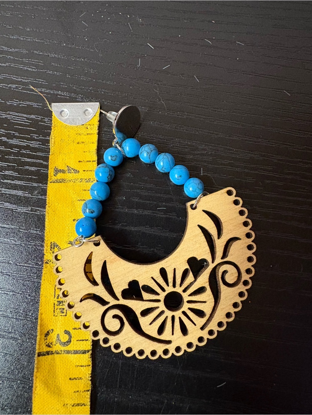 Boho Wooden Floral Cutout Hoop Earrings with Turquoise Beads - Picture 3 of 4